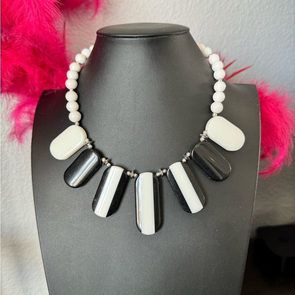 Vintage Acrylic Black & White Striped Choker Necklace